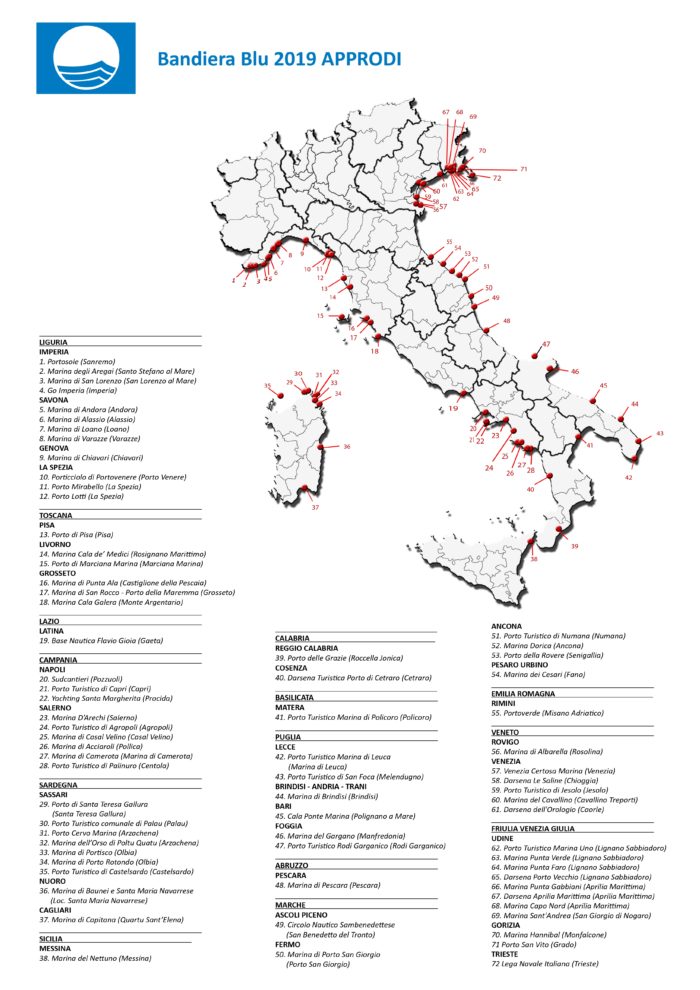 Bandiere Blu 2019 per 183 comuni e 72 approdi turistici