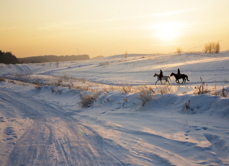 A cavallo in inverno, attraversare il bianco manto come in un film