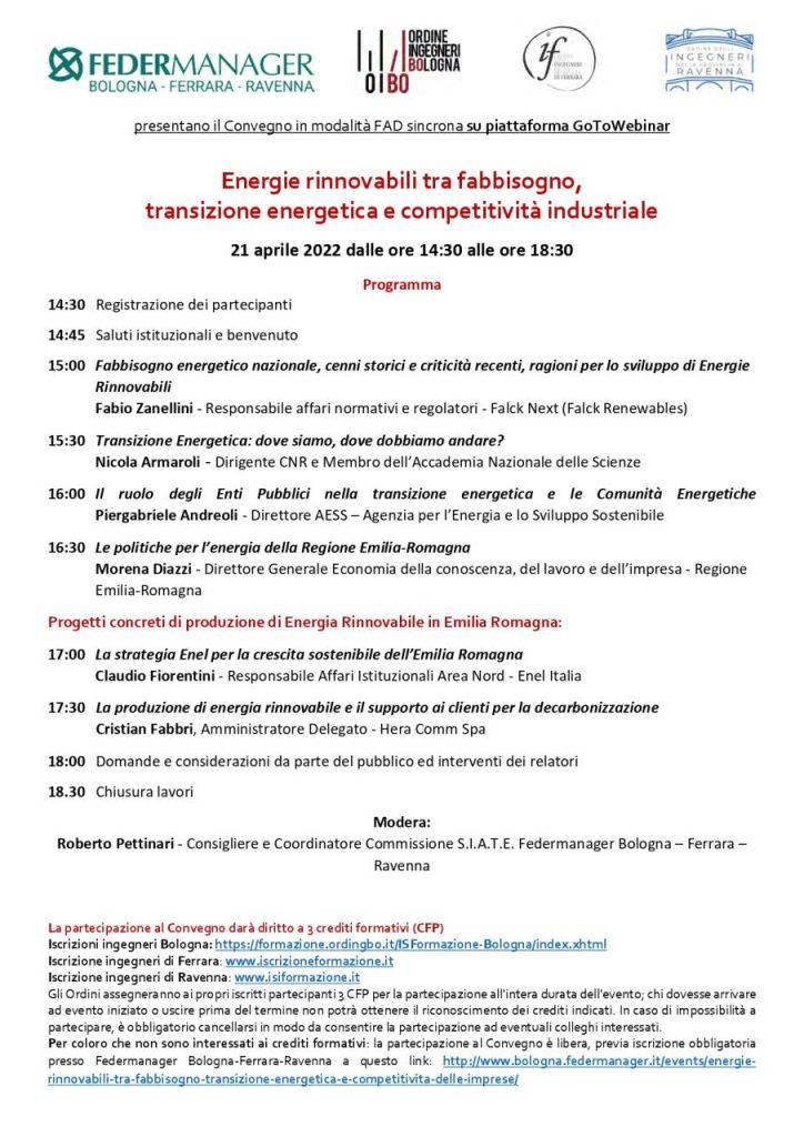 Federmanager, convegno on line su energie rinnovabili 