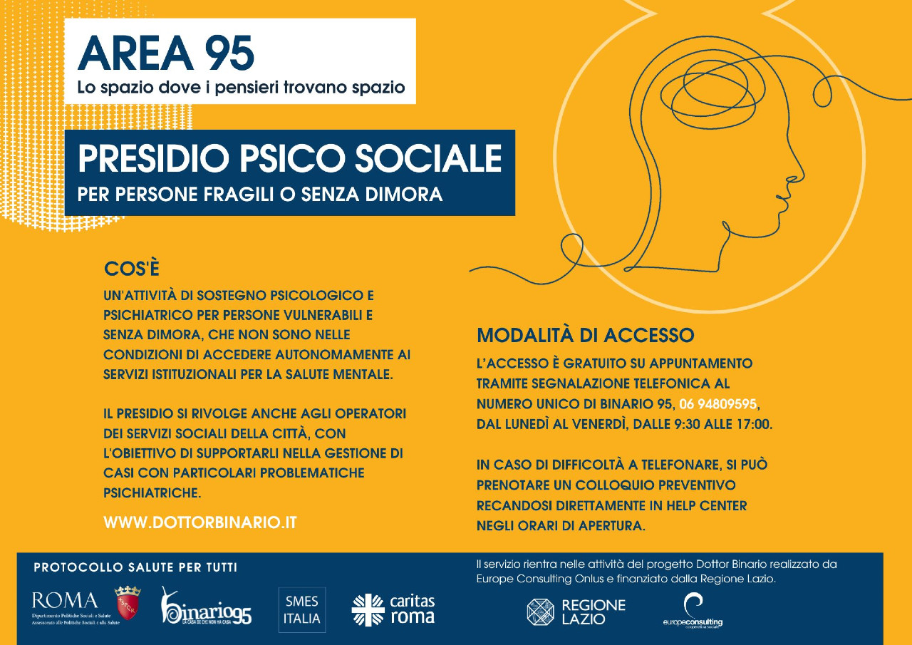 Area 95, supporto psico-sociale a vulnerabili e senza dimora